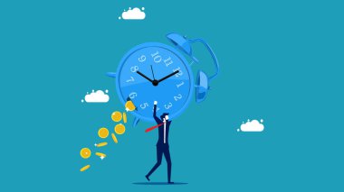  Zamanın değerini kaybederiz. Büyük bir saat elinde para taşıyan bir işadamı.