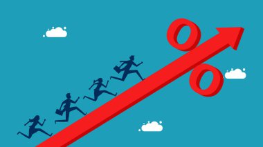 Yüzdelik işaretini arttıran bir ok üzerinde koşan iş adamları takımı. artan kar vektörü aranıyor