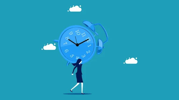 Muito Tempo Muito Tempo Mulher Negócios Segurar Grande Relógio Conceito — Vetor de Stock