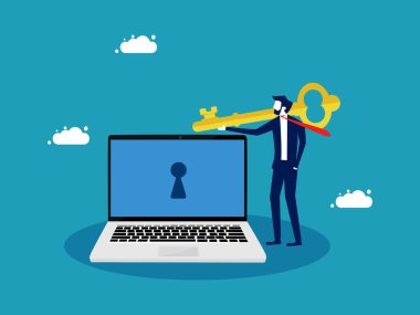 Şifreyi çöz ya da kilidi aç. İş adamı dizüstü bilgisayar vektörünü açmak için anahtar tutuyor