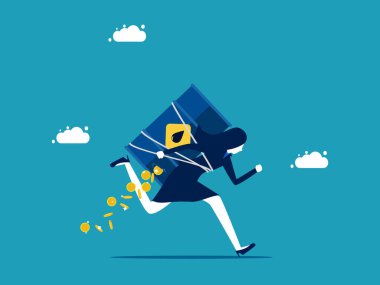 Petrol fiyatları düştü. Petrol tankı vektörü sızdıran madeni parası olan bir iş kadını.