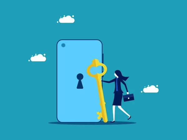 解码或解锁 拿着钥匙解锁智能手机向量的女商人 — 图库矢量图片