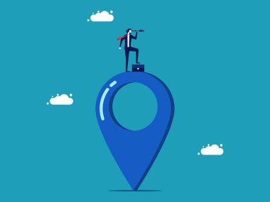 Bir yer bul. Dürbün vektörü olan bir haritaya bakan işadamı