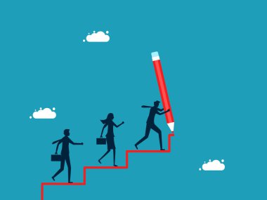 İş geliştirme lideri. İş adamı büyük bir kalemle bir merdiven çizer ve çalışma ekibi merdiven vektörüne doğru yürür.