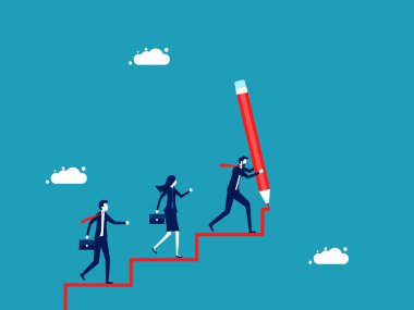 İş geliştirme lideri. İş adamı büyük bir kalemle bir merdiven çizer ve çalışma ekibi merdiven vektörüne doğru yürür.