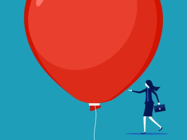 Büyük balonların altında duran iş kadını. Yatırım ve iş risk vektörü