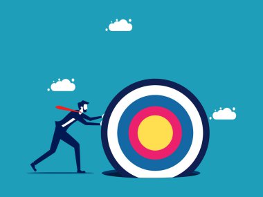 İş hedefleri. İş adamı hedefini delik vektörüne sıkıştırmak için çok çalışıyor