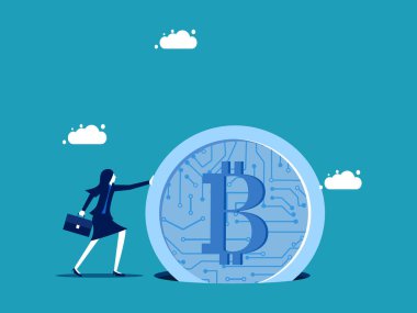 Dijital paralara yatırım yapma riskleri. Çok çalışan bir iş kadını, dijital paraları delik vektörüne sıkıştırıyor