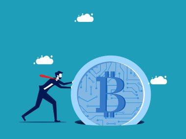 Dijital paralara yatırım yapma riskleri. Çalışkan işadamı, dijital paraları delik vektörüne sıkıştırıyor.