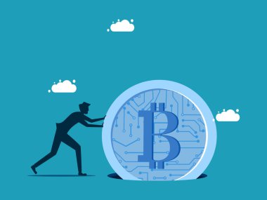 Dijital paralara yatırım yapma riskleri. Çalışkan işadamı, dijital paraları delik vektörüne sıkıştırıyor.