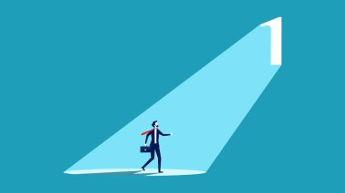 Bir numaralı figürde açık bir kapının önünde duran işadamı. Vektör illüstrasyonu