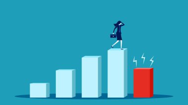 Borsada sıkışıp kaldım. İş krizi. Düşen çubuk grafik vektörü üzerinde duran iş kadını