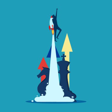 Proaktif strateji. İşadamı roket vektör illüstrasyonuyla yükseliyor