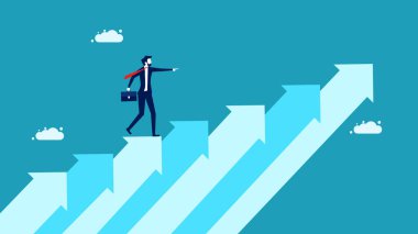 Başarı hırsı. Büyüyen ok merdiveni vektöründe yürüyen iş adamı