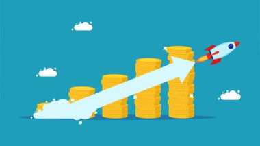 Bileşik faiz artışı. Yatırım artıyor. Uçan roket vektörü boyunca büyüyen oklu para yığını