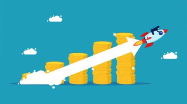 Bileşik faiz artışı. Yatırım artıyor. Uçan roket vektörü boyunca büyüyen oklu para yığını