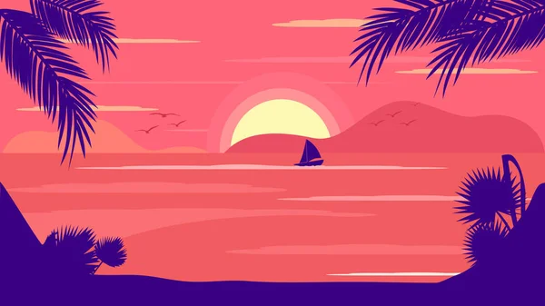 夕阳西下的大海笼罩着美丽的山脉背景 暑假探险病媒 — 图库矢量图片