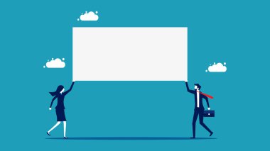 İş adamlarının elinde boş tabela var. İş sunumu ya da duyuru. vektör illüstrasyonu