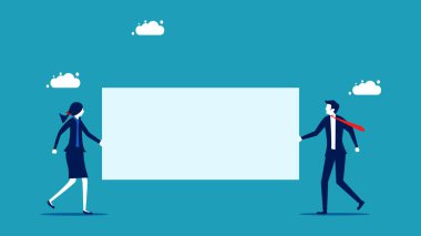 İş adamlarının elinde boş tabela var. İş sunumu ya da duyuru. vektör illüstrasyonu