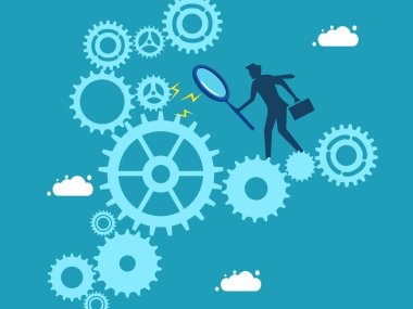 Bir hata tespit edildi. İş adamı vites kontrol ediyor. Vektör illüstrasyonu