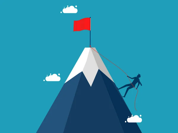 Kendini Kazanmaya Çalış Şadamı Kırmızı Bayrağı Yakalamak Için Dağa Tırmanıyor — Stok Vektör