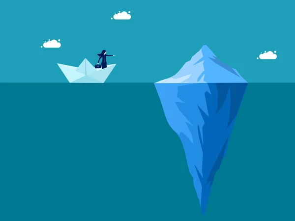 Risques Commerciaux Femme Affaires Bateau Papier Naviguant Près Iceberg Vecteur — Image vectorielle
