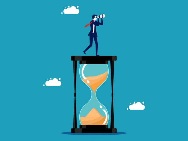 Бизнесмен смотрит в бинокль на песочных часах. вектор eps