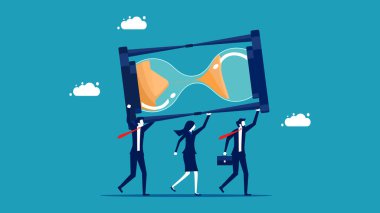 Bir grup iş adamı kum saatini kaldırmaya yardım ediyor. iş konsepti vektör illüstrasyonu