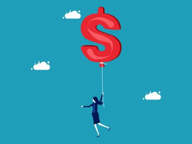 Enflasyon. Dolar krizi ve para değerinin bilinmesi. Dolar balonu vektörüyle yüzen iş kadını