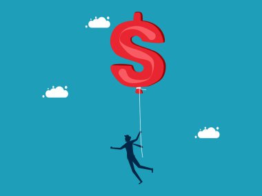 Enflasyon. Dolar krizi ve para değerinin bilinmesi. Dolar balonu vektörüyle yüzen bir iş adamı