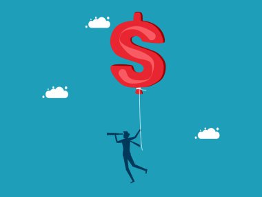 Ekonomik kriz sırasında fırsatlar bul. İşadamı yatırım fırsatları aramak için elinde dolar balonlarıyla uçuyor.