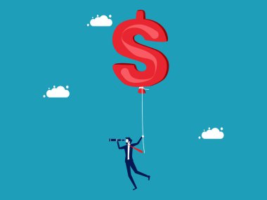 Ekonomik kriz sırasında fırsatlar bul. İşadamı yatırım fırsatları aramak için elinde dolar balonlarıyla uçuyor.