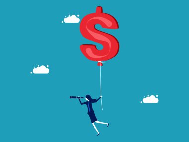 Ekonomik kriz sırasında fırsatlar bul. İşadamı yatırım fırsatları aramak için elinde dolar balonlarıyla uçuyor.