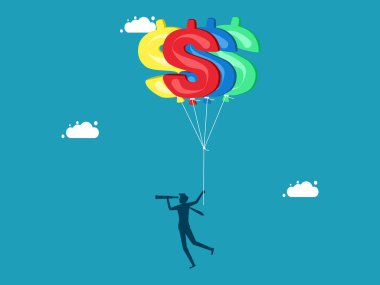 Enflasyon beklentileri ve para politikası veya sermaye kazançları. Teleskop vektörüne bakarak dolar balonları içinde uçan iş adamı