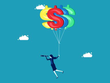 Enflasyon beklentileri ve para politikası veya sermaye kazançları. İş kadını teleskop vektörüne bakarak dolar balonları içinde uçuyor.