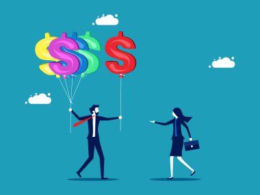 Kâr paylaşımı. İş adamı dolar balonları verir. vektör illüstrasyonu
