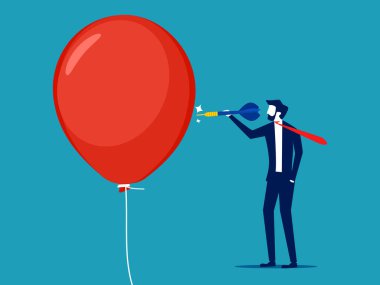 İş adamı bir balonu dürtmek için iğneye basıyor. ticari risk kavramı veya tehlikeli durum vektörü