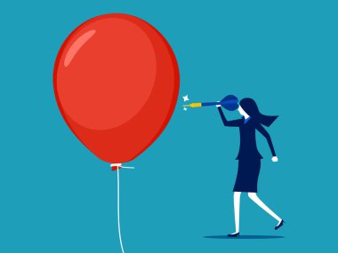 İş kadını bir balonu dürtmek için iğne yapıyor. ticari risk kavramı veya tehlikeli durum vektörü