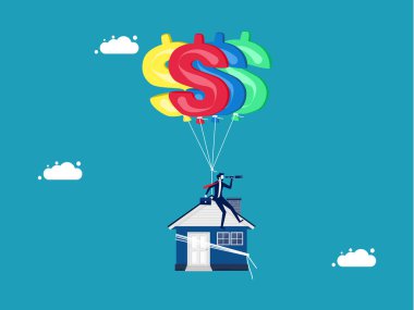 Ev dolar işaretli balonlarla asılmış. İş adamı varlık vektörüne yatırım arıyor
