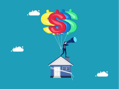 Ev dolar işaretli balonlarla asılmış. İş adamı varlık vektörüne yatırım arıyor