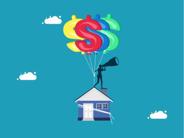 Ev dolar işaretli balonlarla asılmış. İş adamı varlık vektörüne yatırım arıyor
