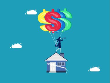 Ev dolar işaretli balonlarla asılmış. İş kadını varlık vektörüne yatırım yapmak istiyor