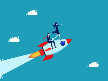 İş ekibi bir roketle uçuyor. Bir iş vektörü başlatmada başarı