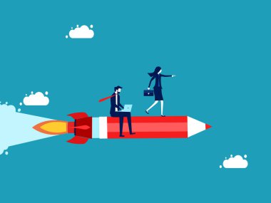 İş ekibi kalemle uçuyor. Takım vektör çizimi olarak çalış