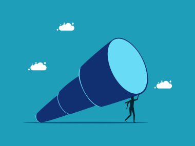 Harika bir görüş. Büyük dürbün vektörü tutan iş adamı