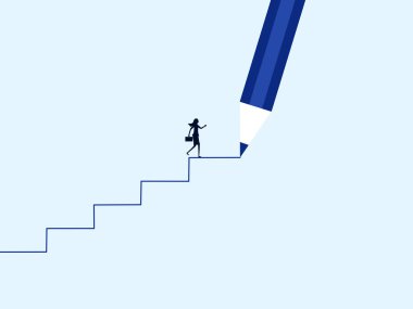 Bir iş kadınının merdivenlerden çıkması için bir sınır çiz. Fırsat ve kendini geliştirme vektörü sembolü