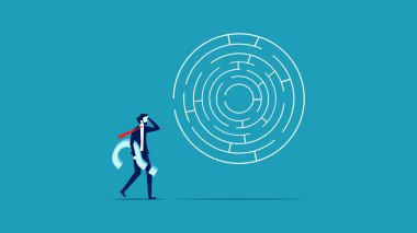 İş sorunlarını çöz. Bir labirent vektörünü çözmeyi düşünen iş adamı