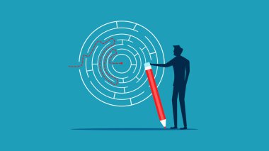 İş sorunlarını çöz. Bir labirent vektörünü çözmek için iş adamı çizgileri çiziyor