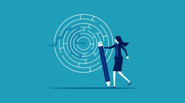 İş sorunlarını çöz. İş kadını bir labirent vektörünü çözmek için çizgiler çiziyor