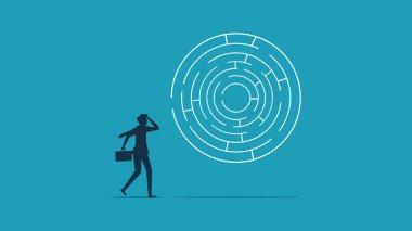 İş sorunlarını çöz. Bir labirent vektörünü çözmeyi düşünen iş adamı